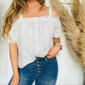 LUMIERE Black White Pin Stripes Cold Off Shoulder Tank Top Shirt Blouse L
